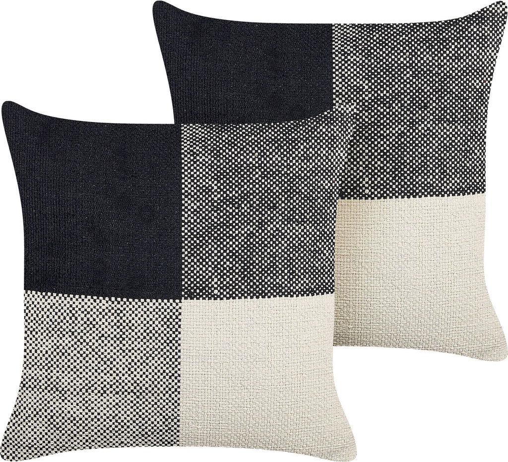 BELIANI Dekokissen 2er Set Schwarz und Beige Baumwolle 45 x 45 cm Bezug mit Füllung Reißverschluss Patchwork Karo Muster Modern Wohnzimmer Schlaf...