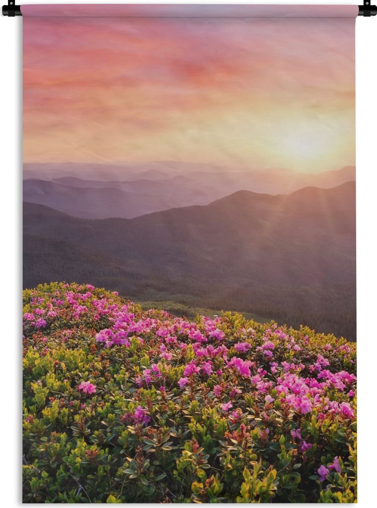 MuchoWow Wandteppich Wandbehang Blumen - Berg - Sonnenuntergang - Landschaft 60x90 cm Tapisserie Dekoration Wandtuch - Foto-Teppich - Abwaschbar