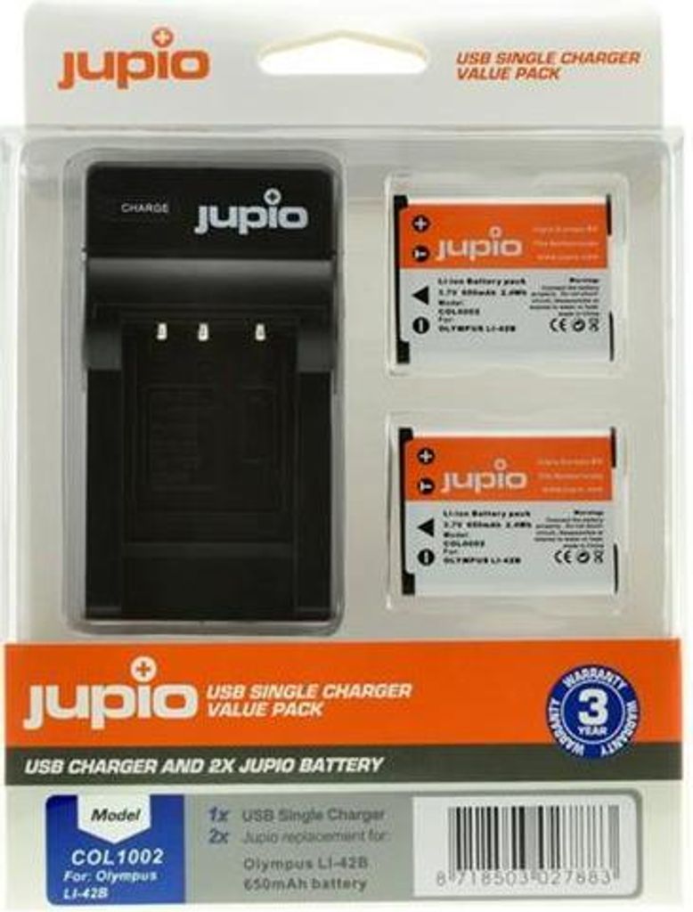 Set Jupio 2x Li-40B (Li-42B/NP45/D-Li63/EN-EL10 ) 650 mAh + USB-Ladegerät