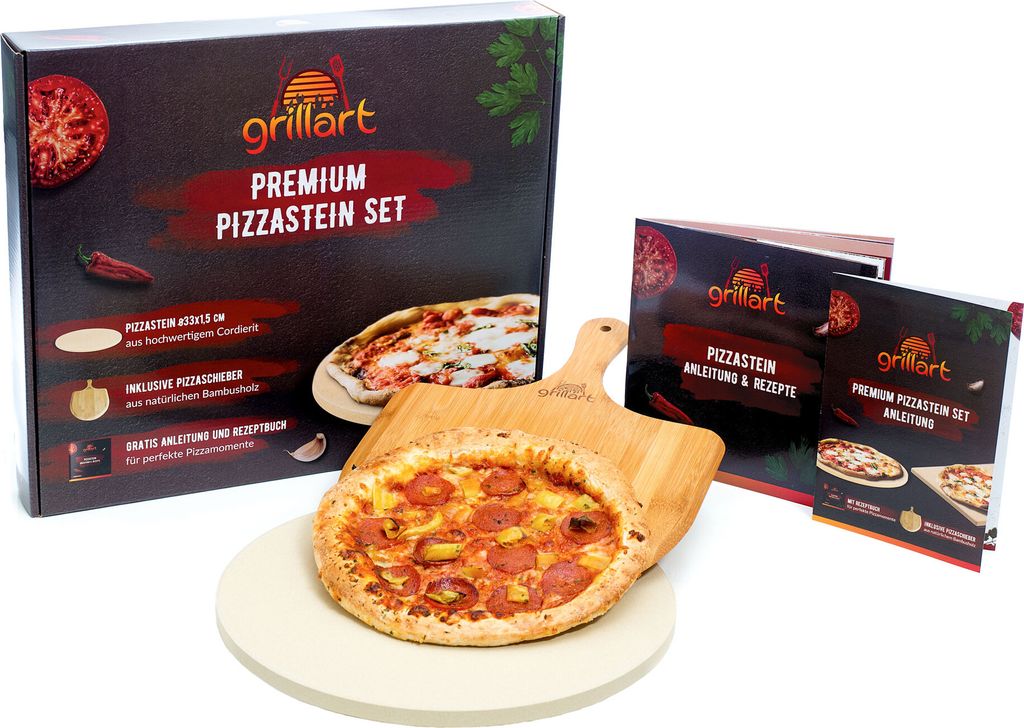 Premium Runder Pizzastein für Gasgrill, Holzkohlegrill und Backofen - im Set