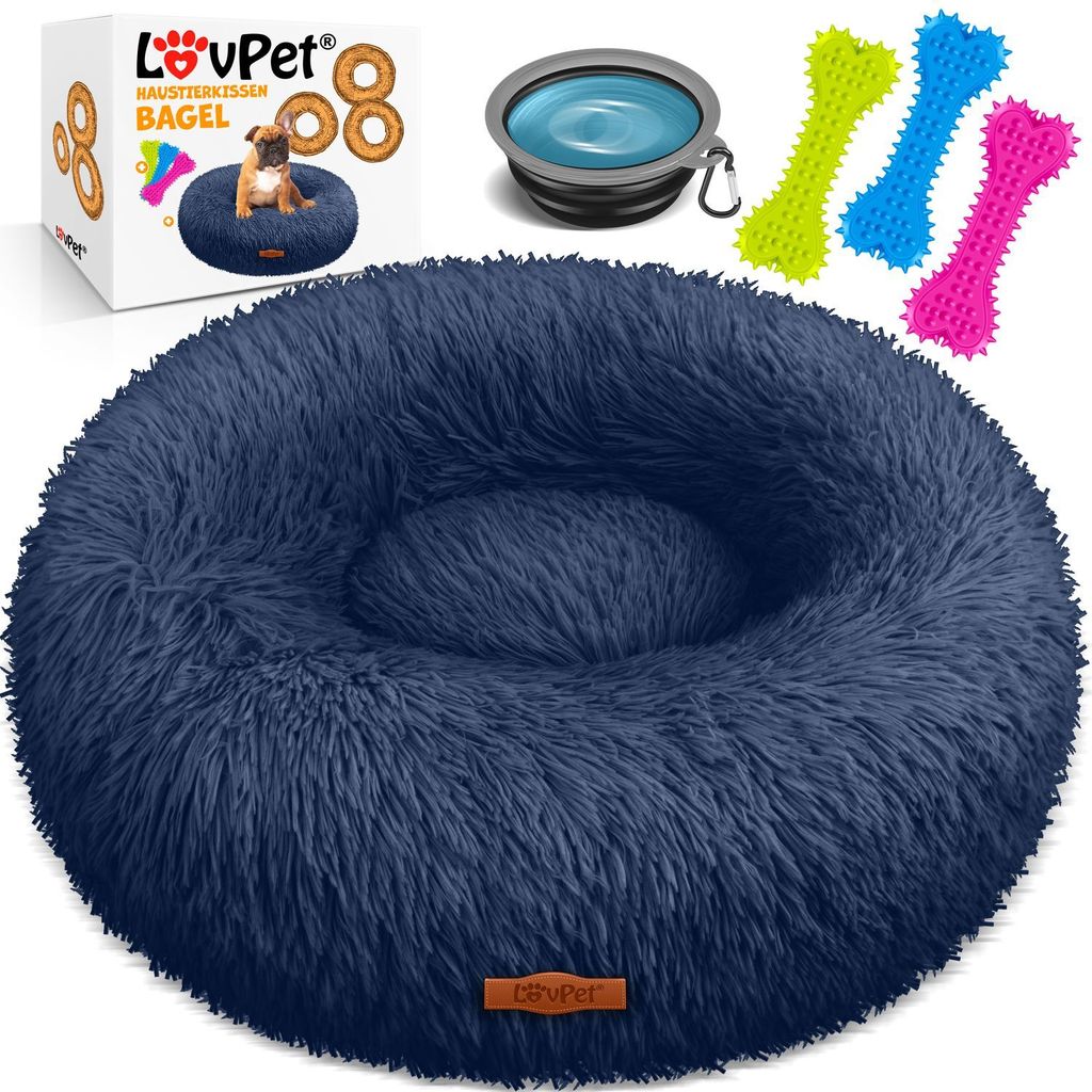 LOVPET Hundebett Hundekissen Katzenbett Bagel, Waschbar, Inkl. Napf + 3x Kauknochen, Hundesofa flauschig Kissen Rund aus Plüsch für Kleine, Mit...