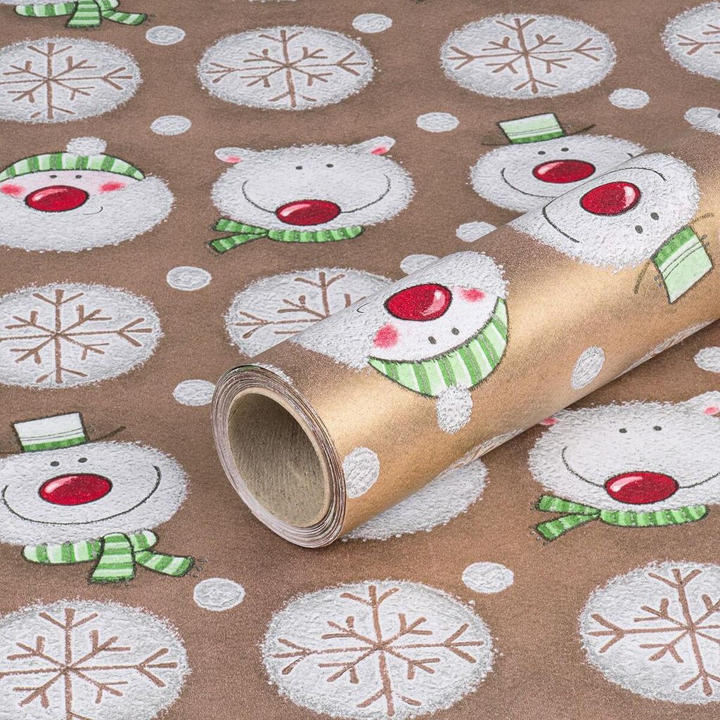 Geschenkpapier für Weihnachten, Schneemann und Eisbär, Gold, 0,70 x 10 m