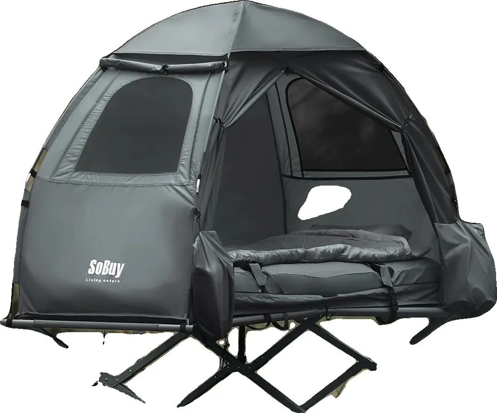 Tente de camping 4 en 1 avec matelas gonflable et sac de couchage - GRIS