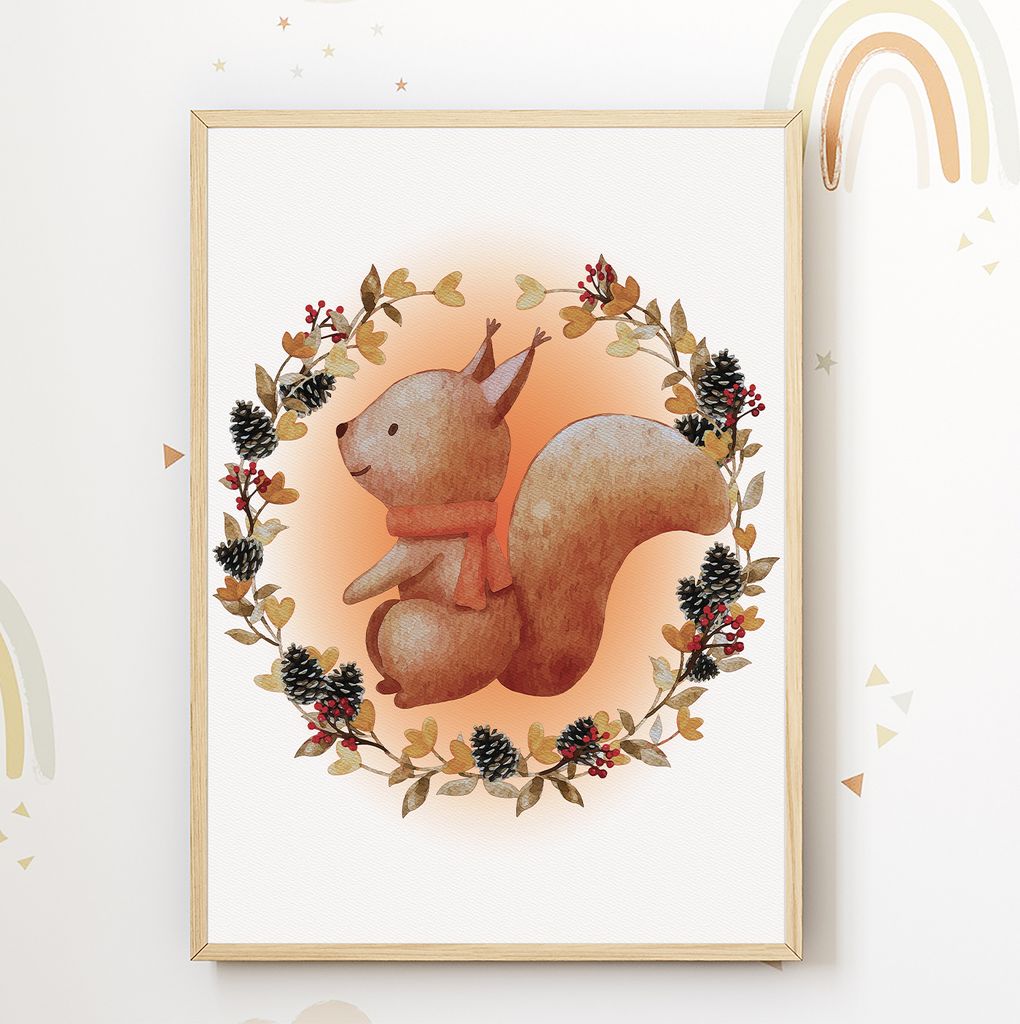 Eichhörnchen Waldtier Bild DIN A4 Kinderzimmer Wandbild Babyzimmer Poster Dekoration