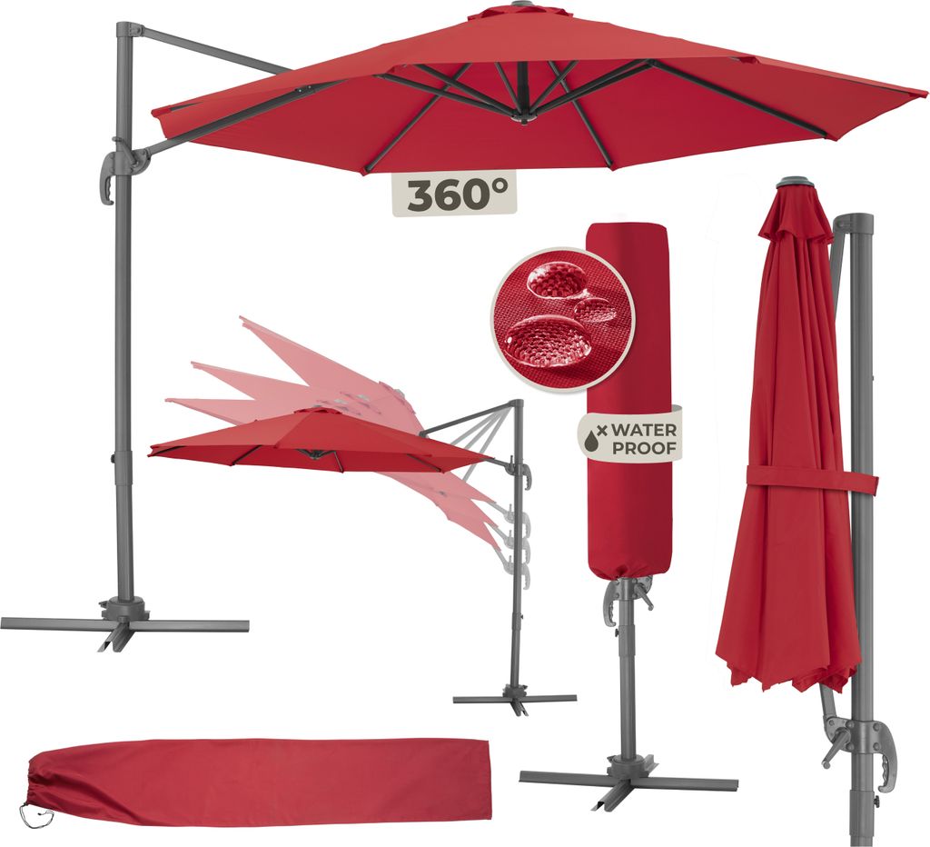 A collage of images showing a red cantilever umbrella and its accessories, including a cover and a demonstration of its rotation.