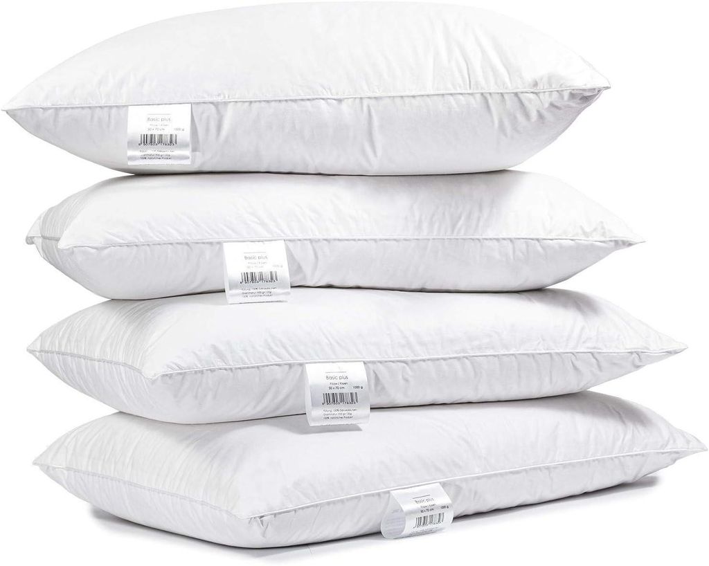 4er Set Dreikammer Kopfkissen 50x70 cm 1000 g – 90% Gänsedaunen – 3-Kammer Daunenkissen mit Baumwollbezug