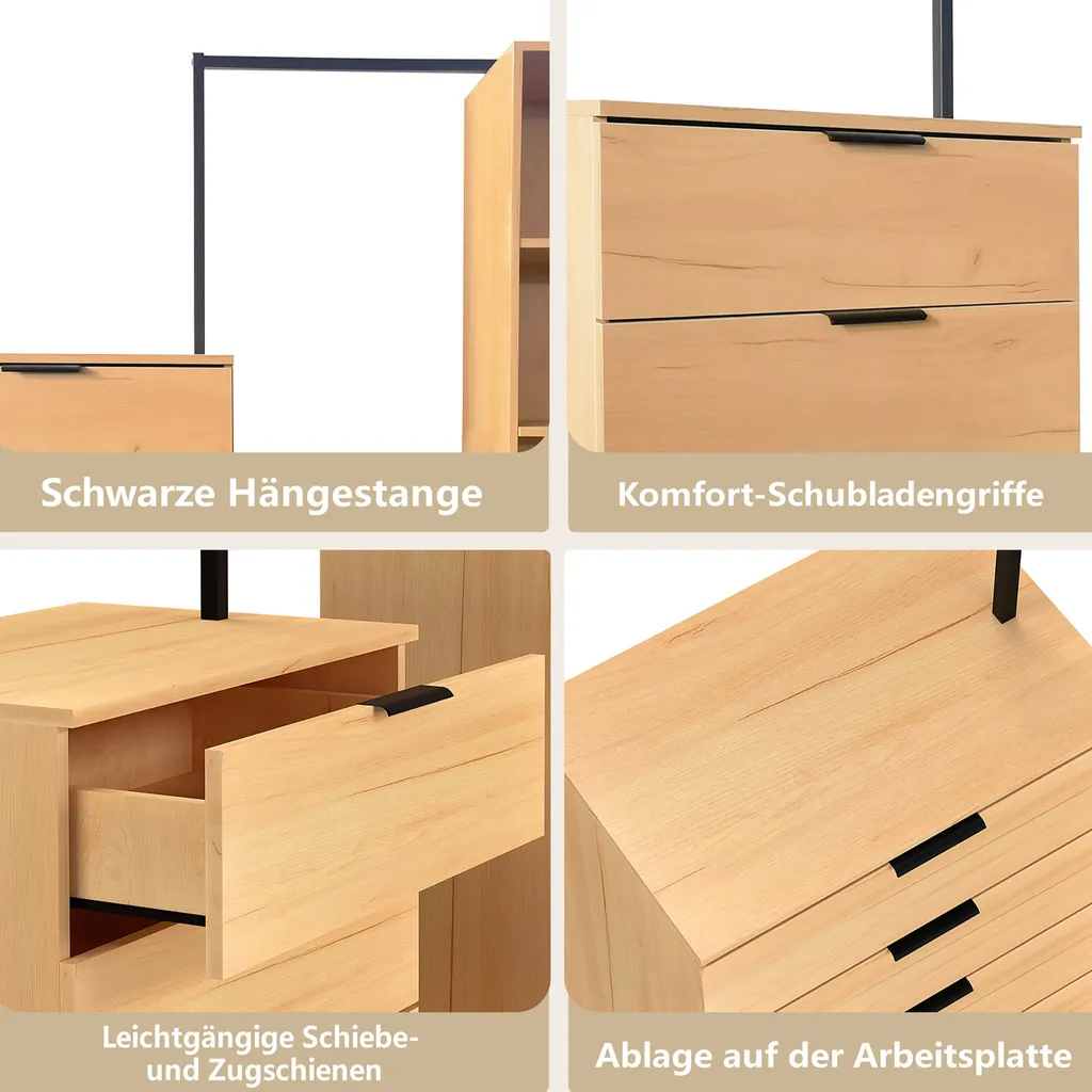 Commode WAOHO 4 tiroirs 4 étagères - Armoire entrée avec tringle métal - 7