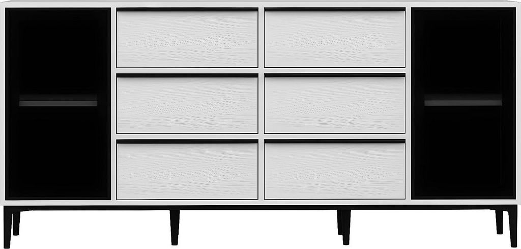 Kommode mit 2 Türen aus gehärtetem Glas und 6 Schubladen - Weiß und schwarz - MOLINIA