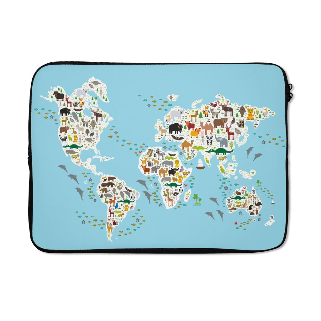 MuchoWow Laptop Hülle 14 ZollWeltkarte - Kinder - Tiere - Blau - Jungen - Mädchen Laptoptasche - Laptoptasche - Stoßsicher - Schutzhaube