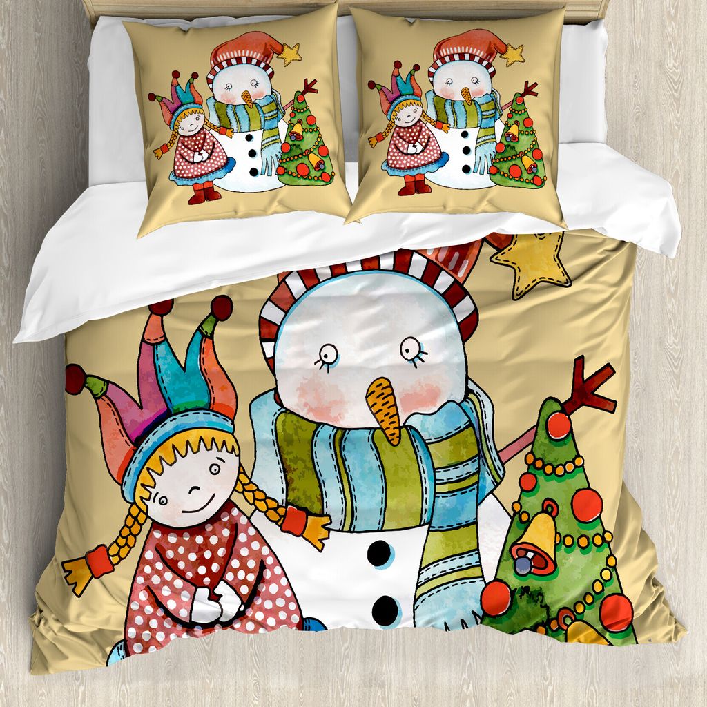 ABAKUHAUS Weihnachten Bettbezug, Toy Schneemann-Baum, Milbensicher Allergiker geeignet mit Kissenbezügen, 155 cm x 220 cm - 80 x 80 cm, Mehrfarbig