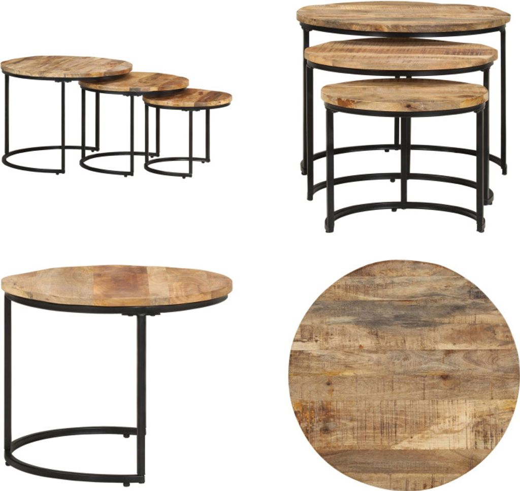vidaXL Satztische 3 Stk. Rohes Mangoholz - Schreibtisch - Schachteltische - Holztisch - Schachtel-Couchtisch