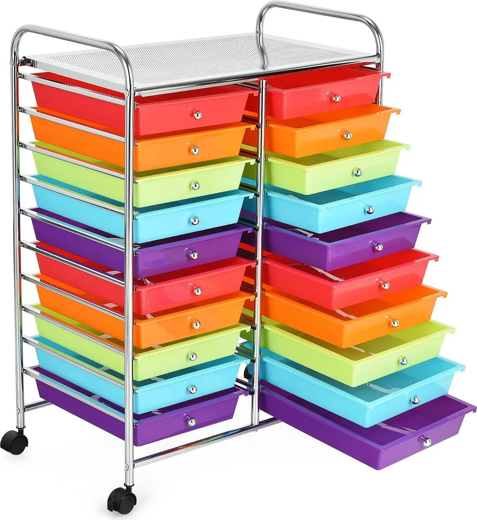 Desserte de rangement 20 tiroirs multicolores et structure métallique
