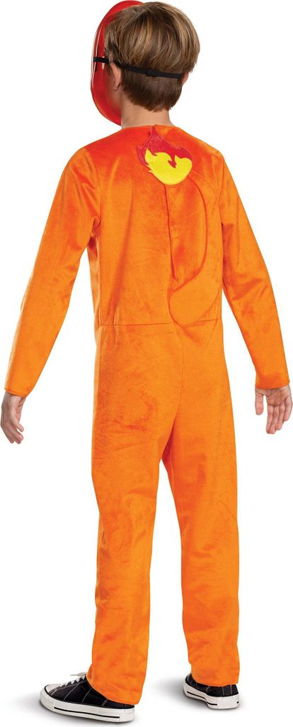 A child wearing an orange costume from behind, with a red mask.