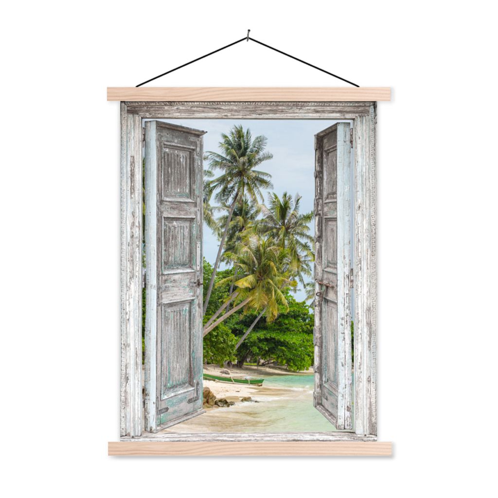 MuchoWow Textilposter Tropisch - Palme - Blick - Meer 120x160 cm mit holzfarbenen Rahmen - Plakatkarton