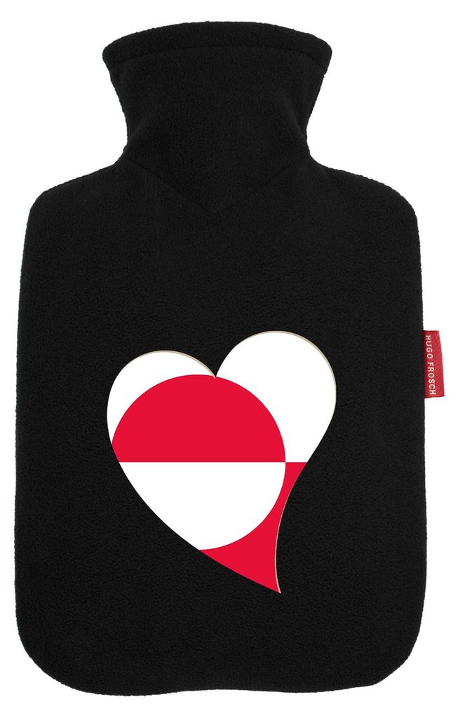 Huuraa Wärmflasche Grönland Flagge Herz 1,8 Liter Black Classic Veloursbezug Bettflasche Geschenkidee