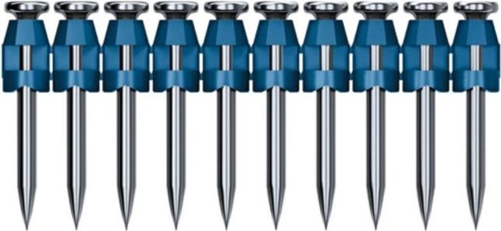 A row of identical nails with blue plastic heads and silver metal shafts, arranged side-by-side against a white background.