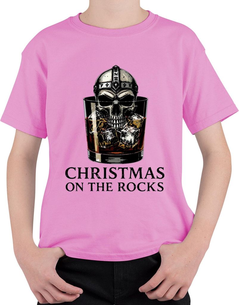 Christmas On The Rocks Whiskey Skull Viking Helm Runen Geschenk Uni Kinder T-Shirt, Pink, 104