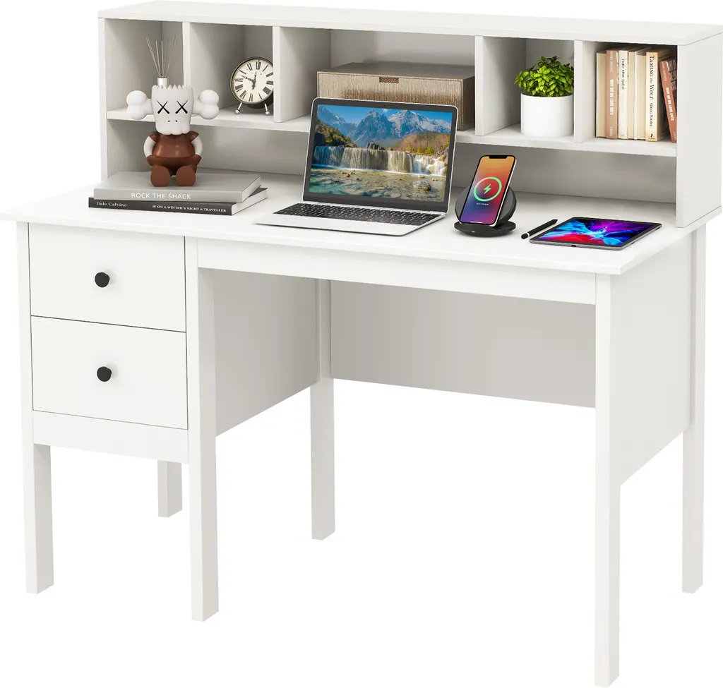 Bureau pour télétravail ou bureau d'étudiant blanc 120x60 avec rangements