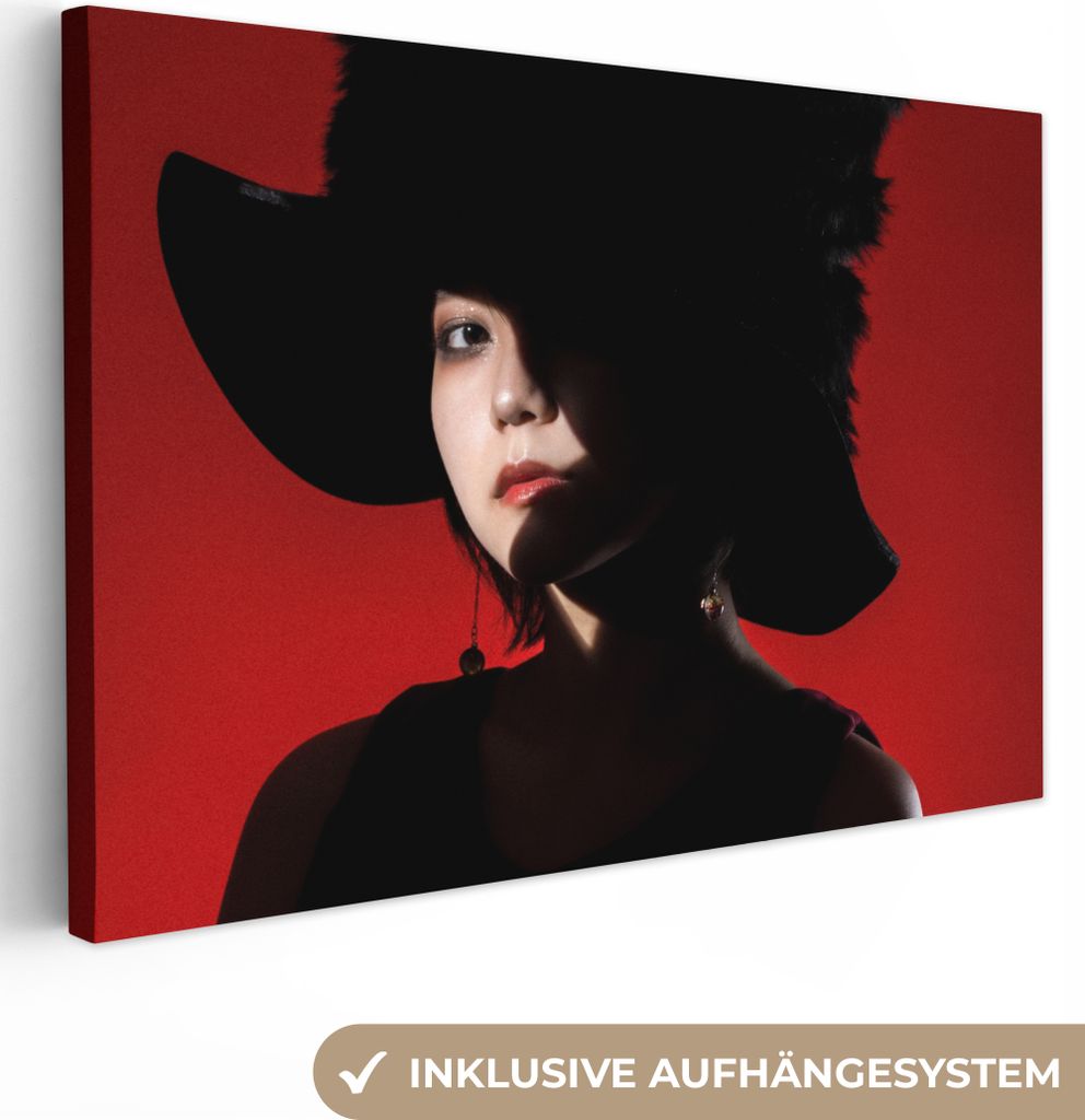 OneMillionCanvasses - Leinwandbilder - 140x90 cm, Rot - Frau - Schwarz - Porträt, Wandbilder Kunstdruck Wanddekoration - Foto auf Leinwand - Gem...
