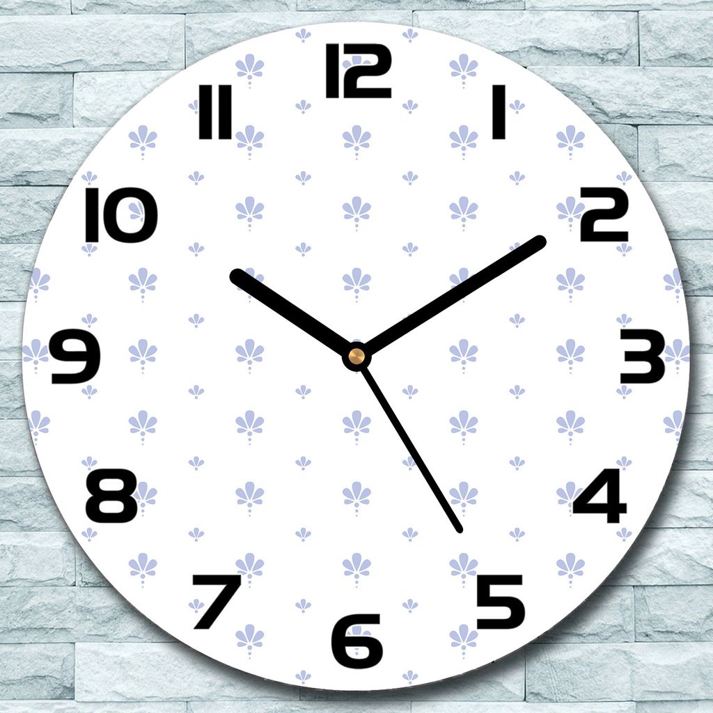 Wanduhr aus Glas Rund fi 30 Blumen blau Grau Quarz Deko Schlafzimmer Büro