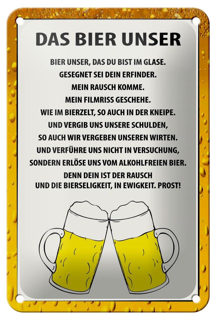 Blechschild Spruch 12x18 cm Das Bier Unser Gebote Biergläser Deko Schild
