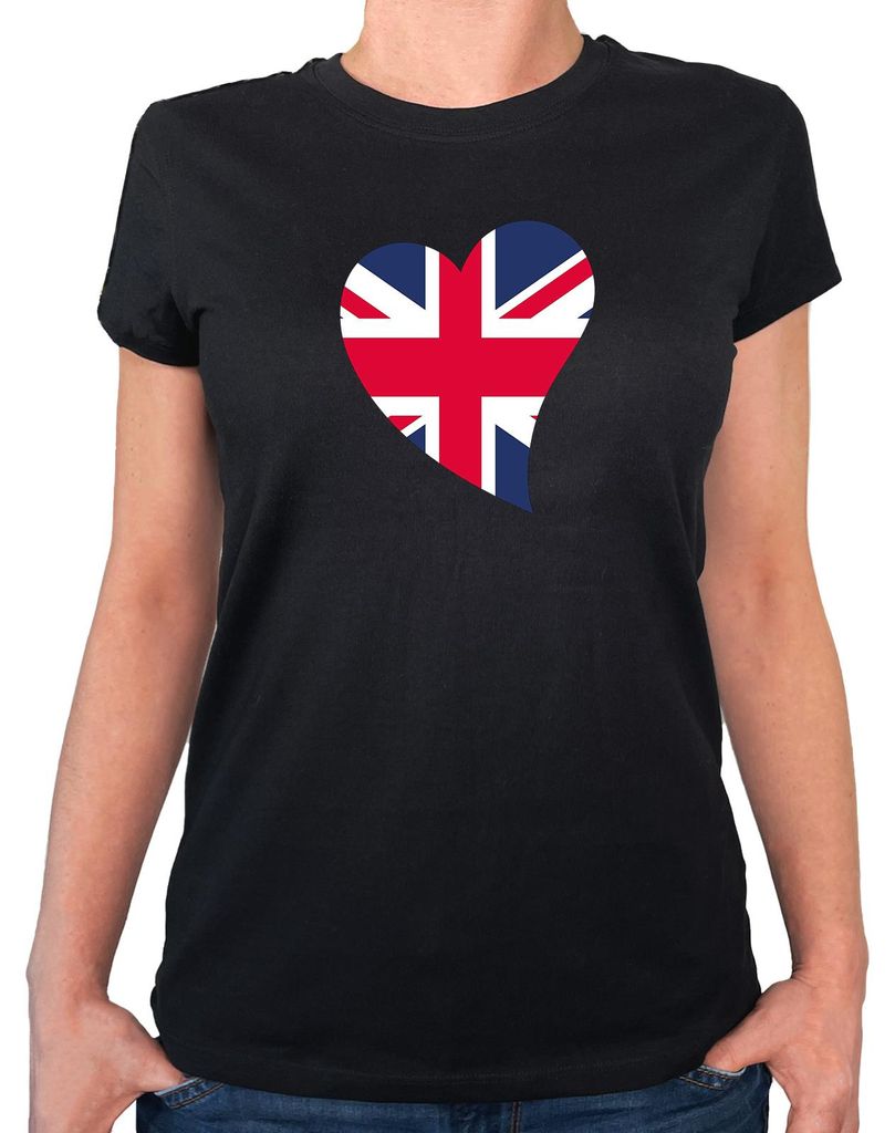 Huuraa Damen T-Shirt England Flagge Herz XL Black Bio Baumwolle Fairtrade Damenshirt Geschenkidee