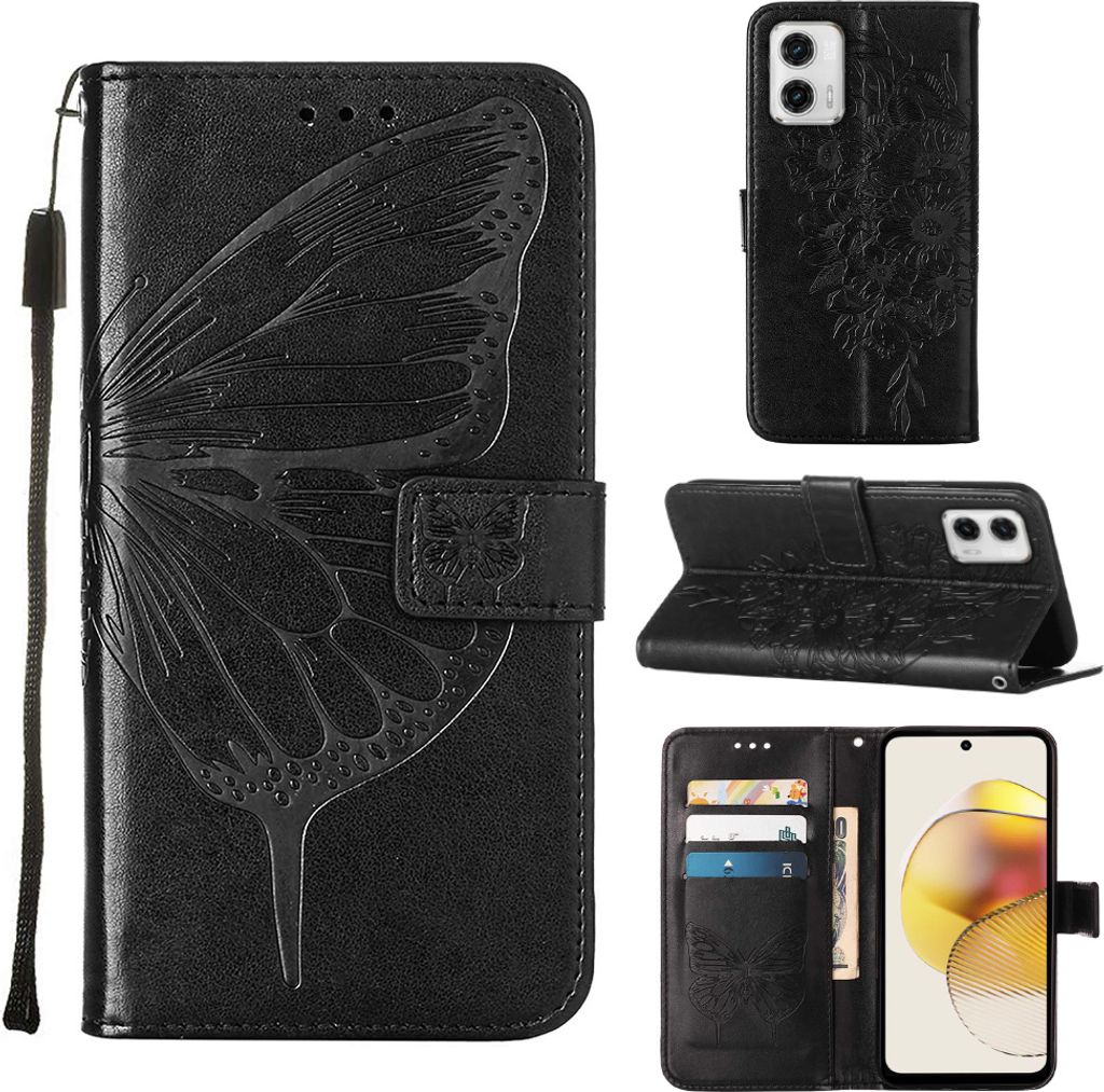 Lederhülle für Motorola Moto G73 Schmetterling Prägung Flip Ledertasche Kartenfächer Handyhülle mit Ständer Schwarz