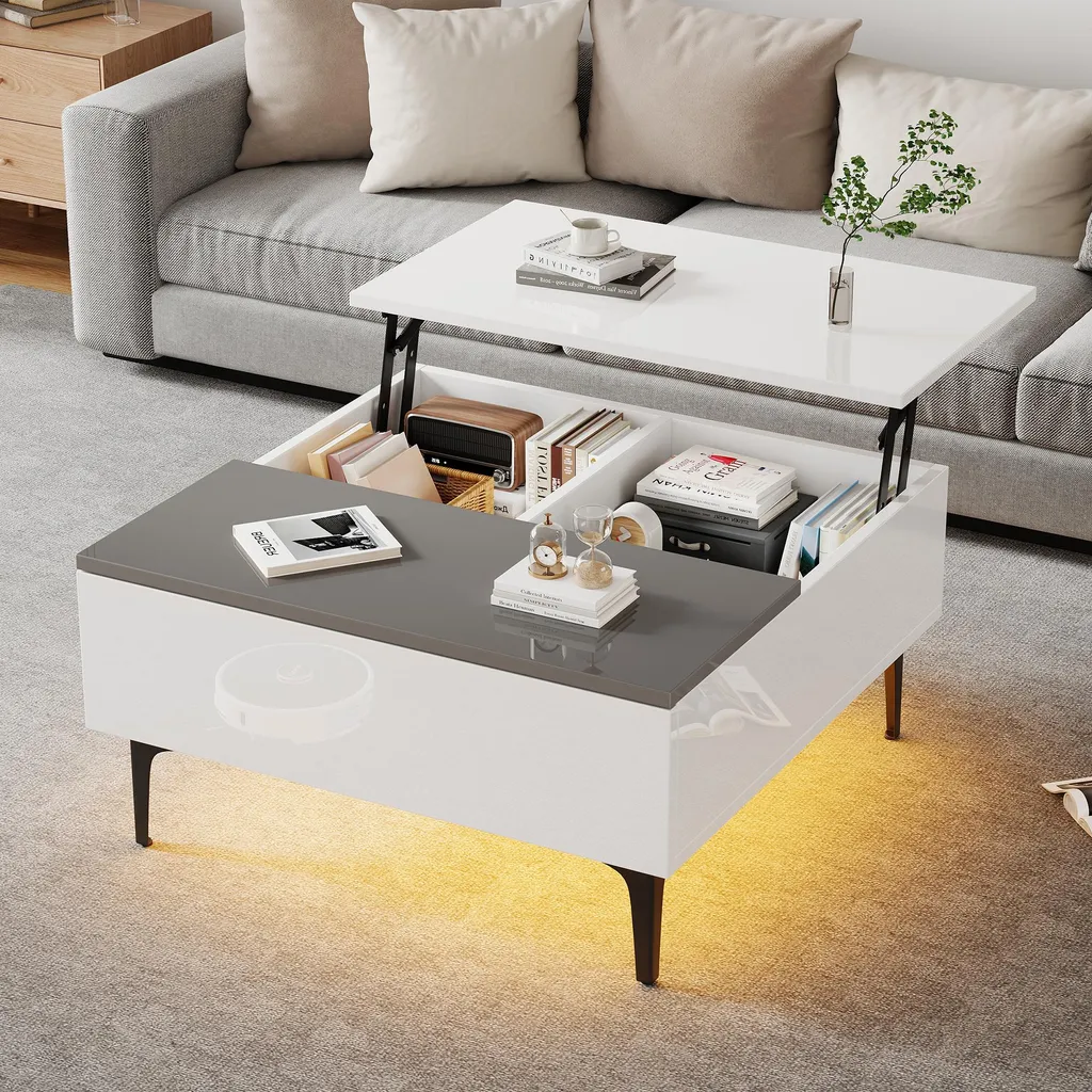 Table Basse Blanc Brillant 70cm Plateau Relevable et Eclairage App LED