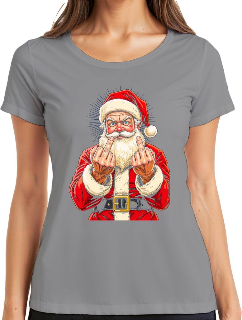 Frecher Weihnachtsmann Mittelfinger Sarkastisch Lustig Geschenk Damen T-Shirt, Grau, M