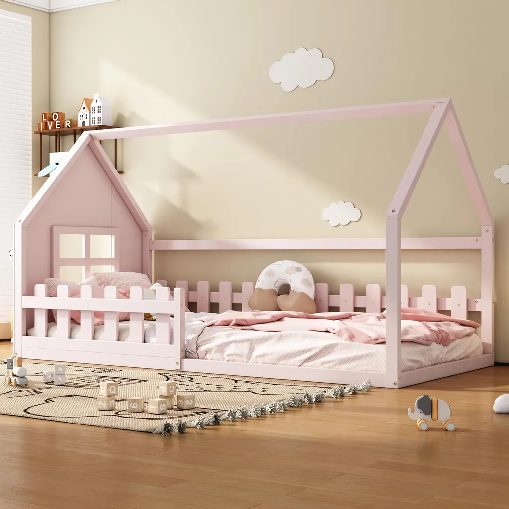 Lit enfant rose 90x200 cm avec barrière de sécurité en bois de pin massif