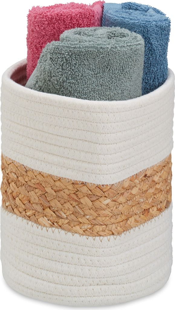 Relaxdays Aufbewahrungskorb Baumwolle, H x D: 20 x 18 cm, Dekokorb faltbar, Boho Korb geflochten, Badkorb, creme/natur