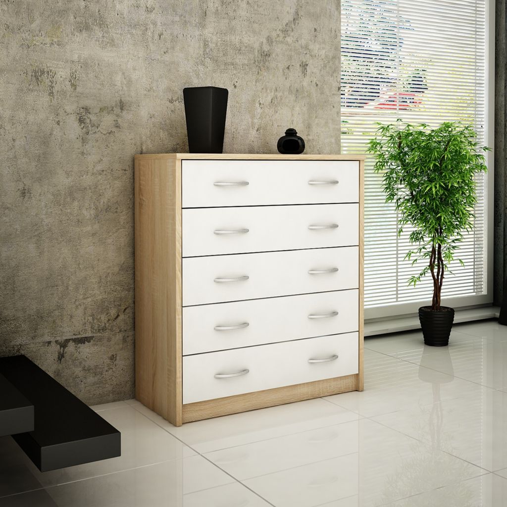 Schuhschrank mit 5 aufklappbaren Schubladen, Schuhregal mit 5 Fächern weiche abgerundete Kanten, 74 cm breit, laminierte Platte sonoma weiß