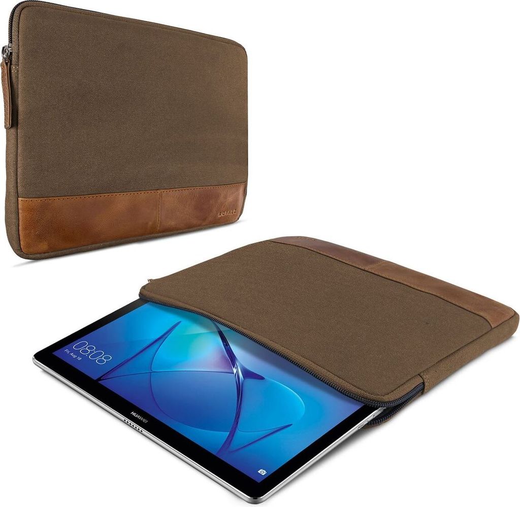 ROYALZ Canvas Tasche für Huawei MediaPad T3 10 Schutz Hülle 9,6 Zoll Tablet Schutztasche Sleeve Case aus Canvas / Leder, Farbe:Braun