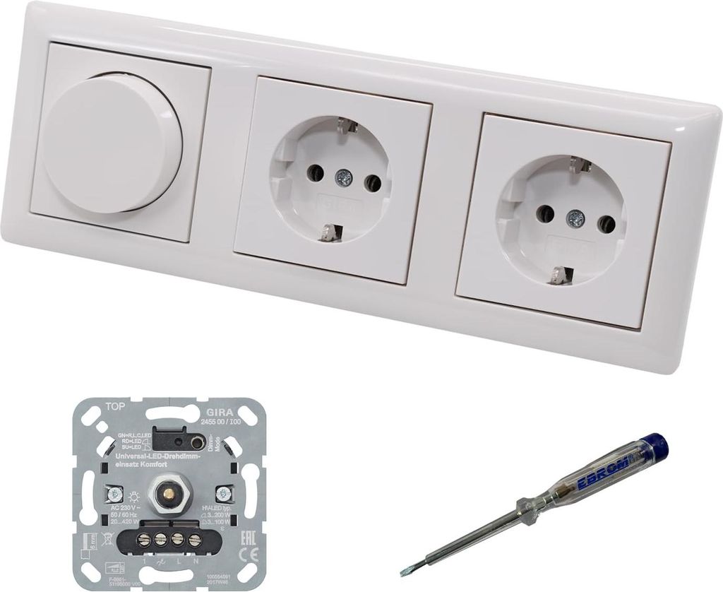 GIRA 245500 LED Drehdimmer Dimmer + Dimmerscheibe Zentralscheibe 065003 und 2 x Steckdose 418803 in System55 reinweiß glänzend inklusive EBROM Ph...