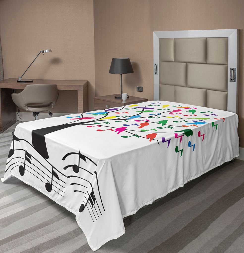 ABAKUHAUS Musik Bettlaken, Baum Mit Noten Und Vögel Auf Ast Happy Jolly Feiern Spielerische Art, weiches bequemes oberes Bettlaken für ein Nachbi...