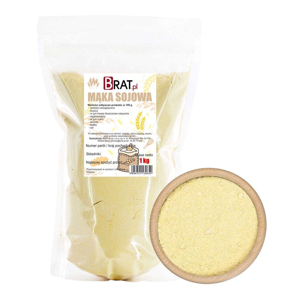 A bag of soy flour next to a bowl of soy flour.