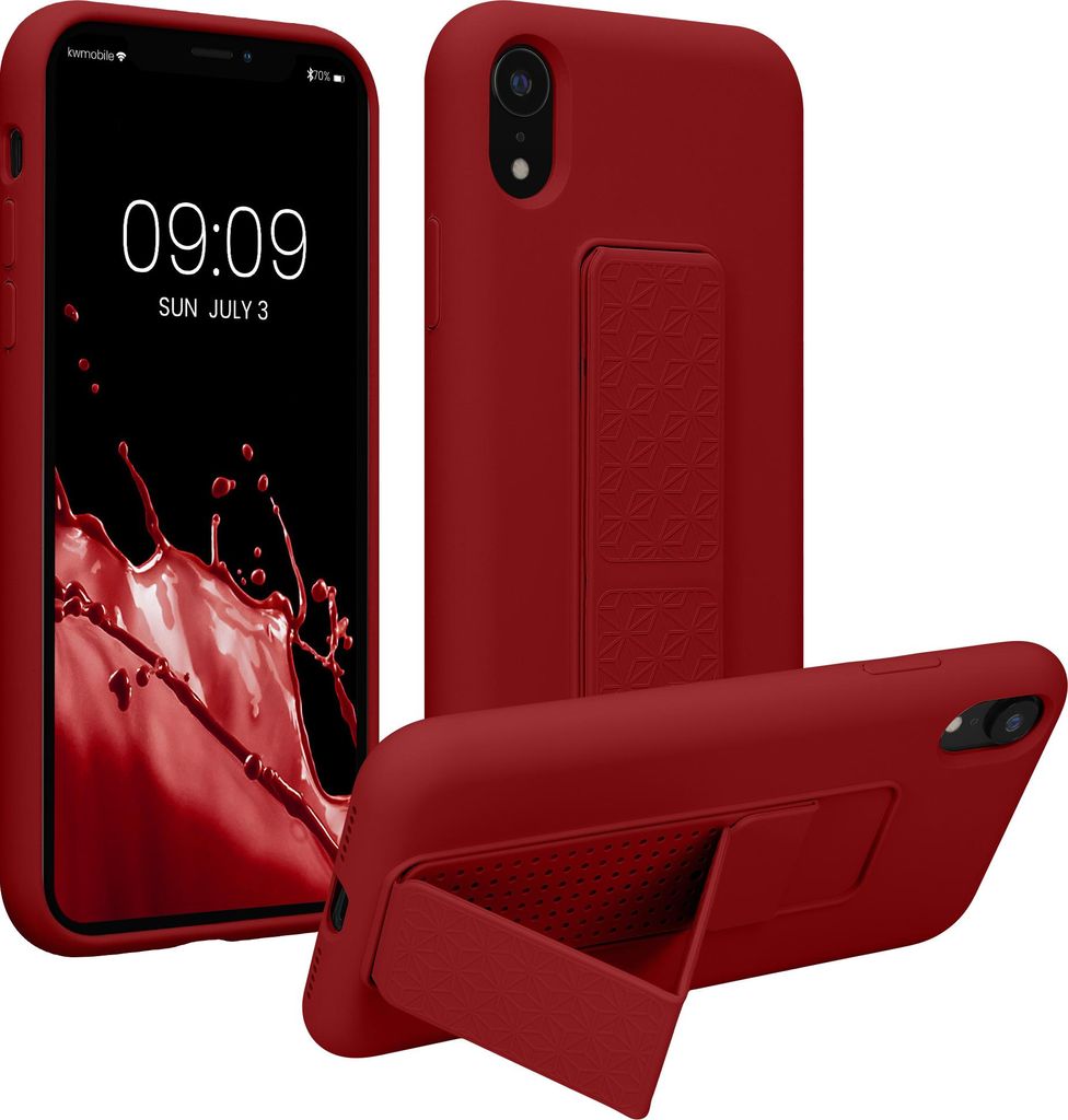 kwmobile Handyhülle kompatibel mit Apple iPhone XR - Hülle mit Fingerhalter und Standfunktion - Silikon Case Handy Cover in Rhabarber Rot