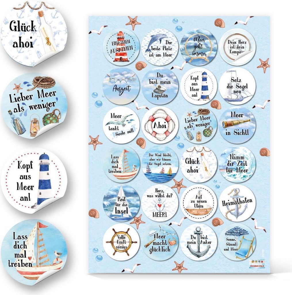 Maritime Sprücheaufkleber blau weiß türkis 4 cm rund 1 Bogen / 24 Aufkleber2 Bögen / 48 Aufkleber