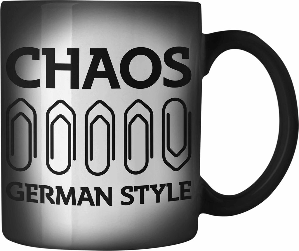 Trendation - Chaos German Style Farbwechsel Zauber-Tasse Lustiger Spruch BüroFarbwechsel Zauber-Tasse mit Spruch Geschenk Kollege Kollegin (Schwarz)