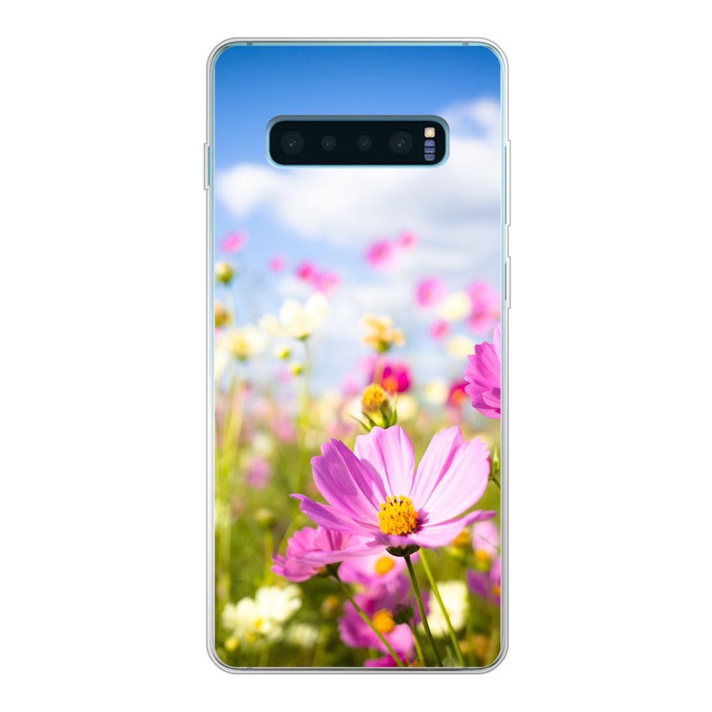 MuchoWow Handyhülle Schutzhülle Hülle für Samsung Galaxy S10 Plus Blumen - Wiese - Lila - Gras - Weiß - Wolken - Blau Silikon Softcase Handy...