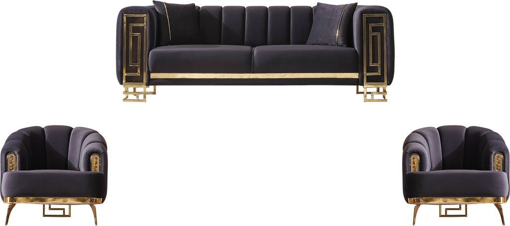 Villa Möbel Sofa Set Magnifica Farbe: Schwarz Stellvariante:3+1+1 Strukturierte Rückenpartien mit Steppnähten