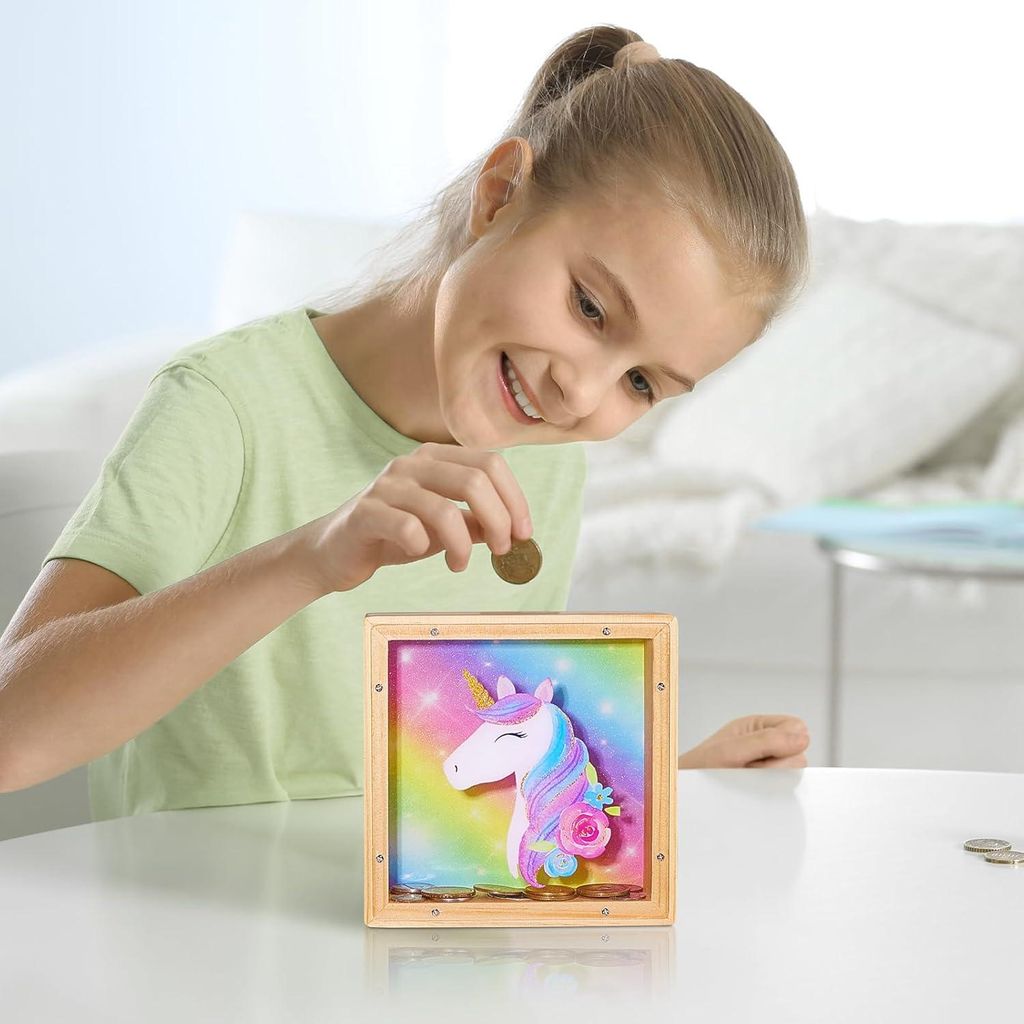 Hölzerne Spardose für Kinder – Einhorn-Spardose mit DIY Alphabetstickern