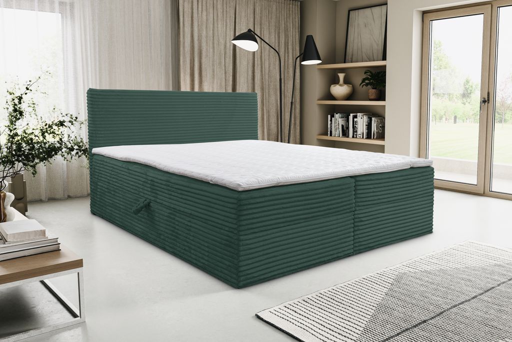 VENASI TILLY Boxspringbett 160x200 mit Bettkästen H2/H3 Matratze GRÜN CORD TILIA
