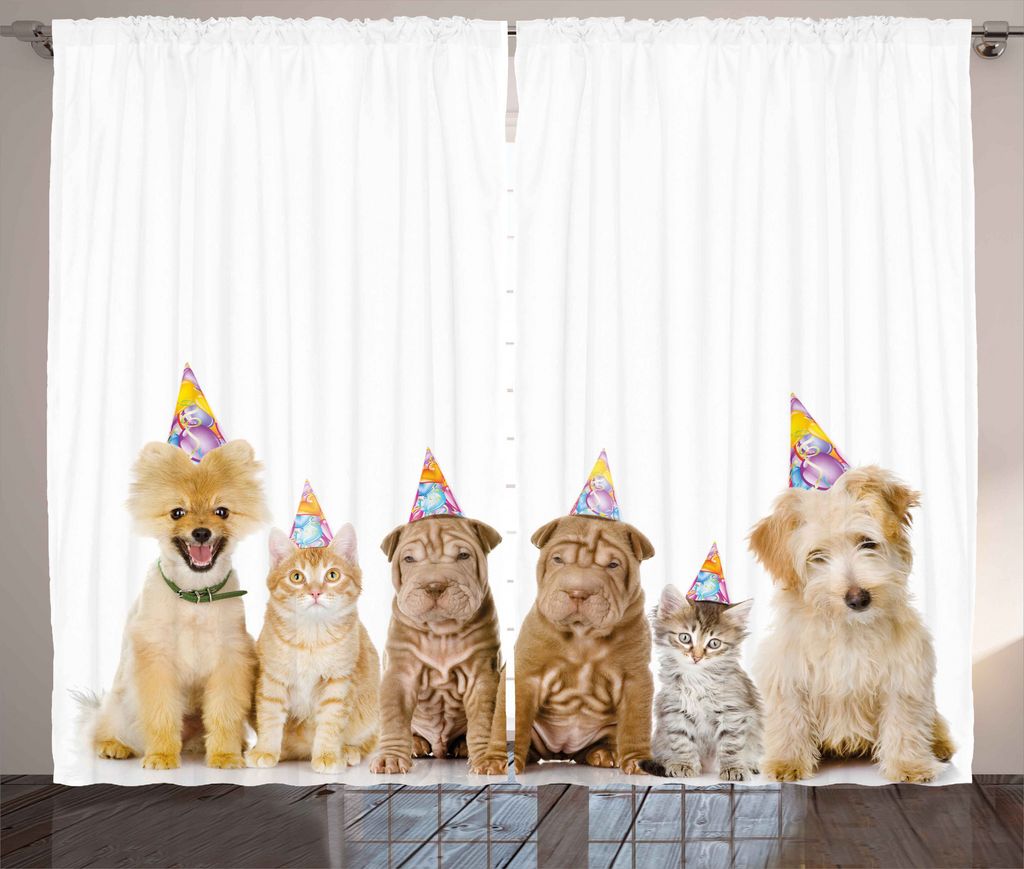 ABAKUHAUS Geburtstagsparty Rustikaler Vorhang, Hunde Katzen an einer Party, Wohnzimmer Universalband Gardinen mit Schlaufen und Haken, 280 x 175 cm...