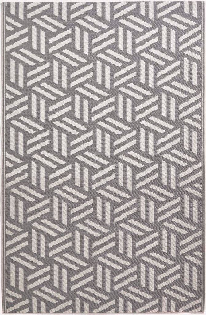 HOMESCAPES Outdoor Teppich wetterfest grau-weiß 150x240 cm, Gartenteppich Luna geometrisch gemustert, Balkonteppich wendbar