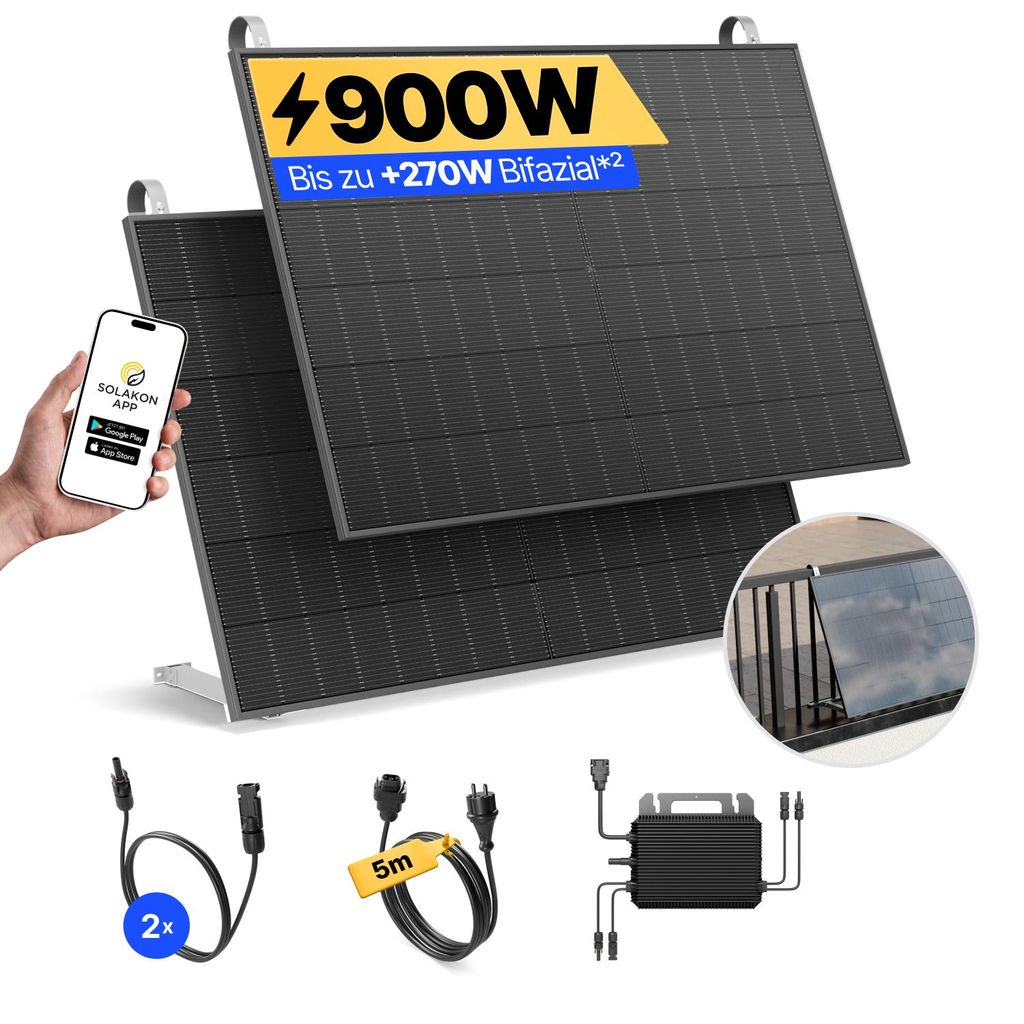 Balkonkraftwerk 900W Solaranlage mit Balkon Halterung Produktbild 
