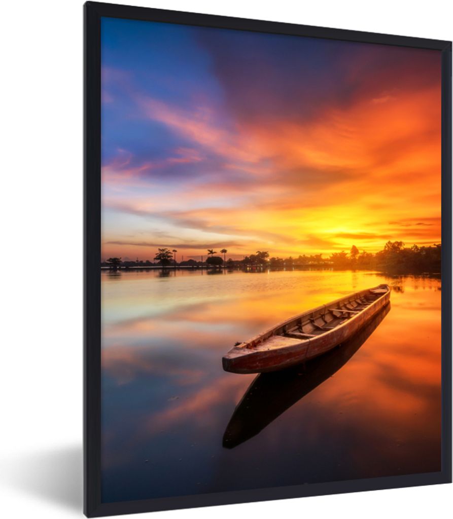 MuchoWow Gerahmtes Poster Boot - Wasser - Sonnenuntergang - Orange - Wasser 60x80 cm - Poster mit Schwarzem Bilderrahmen Wandposter Rahmen Foto B...