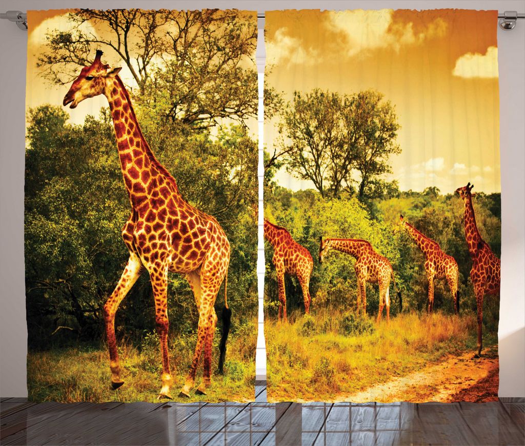 ABAKUHAUS Giraffe Rustikaler Gardine, Afrikanische Safaritiere, Schlafzimmer Kräuselband Vorhang mit Schlaufen und Haken, 280 x 245 cm, Dunkeloran...