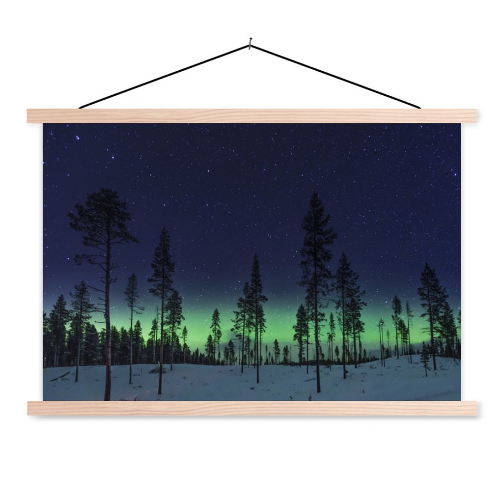 MuchoWow Textilposter Nordlicht - Schnee - Bäume - Natur - Grün 60x40 cm mit holzfarbenen Rahmen - Bilder