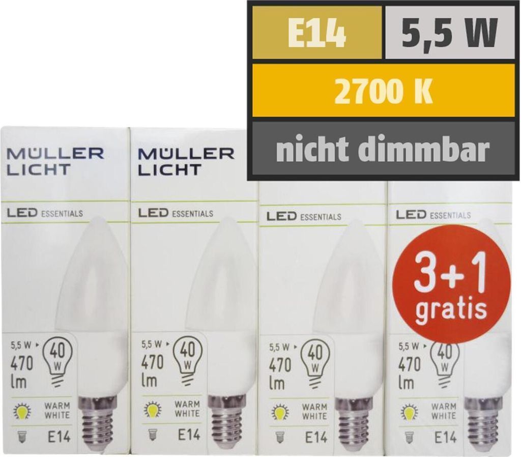 Müller-Licht LED Leuchtmittel Kerze 5,5W = 40W E14 matt warmweiß 2700K